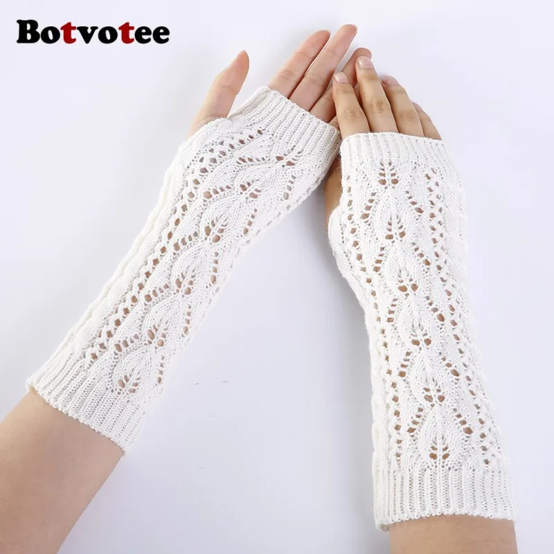 Botvotee Fingerless Gloves Wrist Warmers Arm Warmers Y2k Accessories Hollow Out Sleeve Holder Winter Keep Warm Knit Accessories