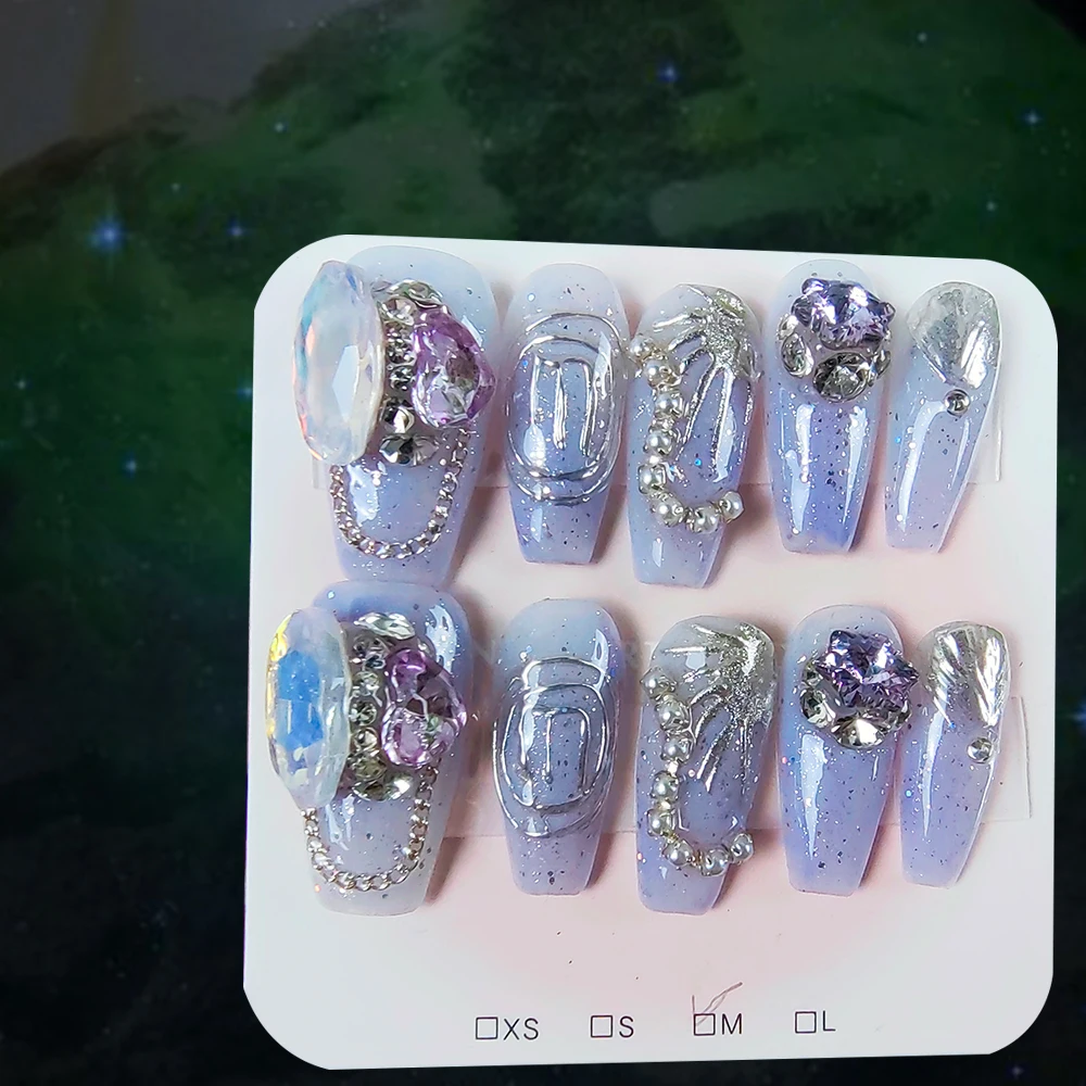 Druk Op Nagels Paarse Glitter Lijm Metalen Lijm Eivormige Diamant Sneeuwvlok Diamant Handgemaakte Nep Nail Tip Voor Acryl Nagel