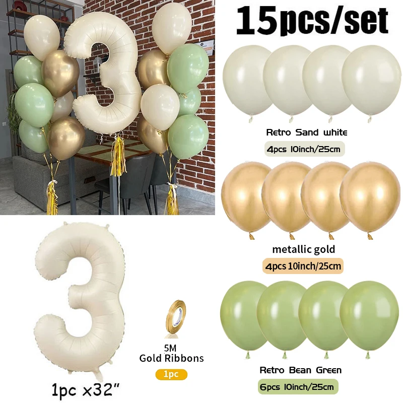 15pcs 32inch Cream Color Number Foil Balloons Birthday Party Decorations Kids Boy Girl 1 2 3 4 5 6 7 8 9 Year Old Supplies