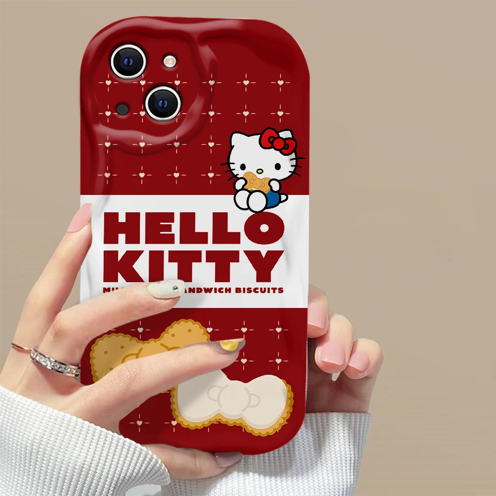 Cute Milk tea Red Hellos Kittys 3D Wave Case For iPhone 15 14 13 12 11 Pro Max Mini X XR XSMAX 8 7 6S Plus Soft Silicone Cover