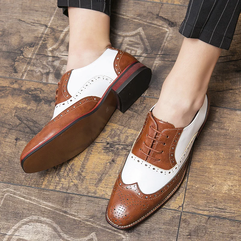 Italian brand brown white mixed block shoes men\'s high quality dress shoes business office shoes leather loafers big size:38-48