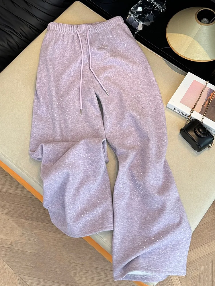 Miękkie, wygodne, fioletowe spodnie z szerokimi nogawkami Taro, damskie spodnie dresowe zimowe do sportu, leniwe spodnie z podszewką z polaru, materiał frotte, codzienne spodnie...