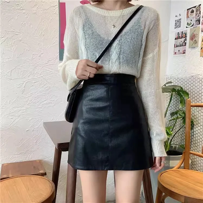 Women's Korean Version Of High-Waisted Versatile Hip-Proof Anti-Walking Skirt Pu Leather Simple Casual a-Line Skirt