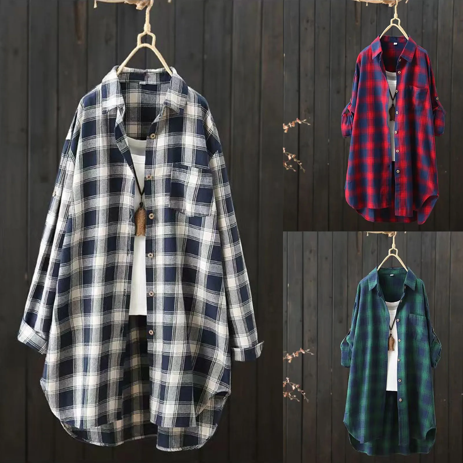 Women'S Fashion Long Shirt Women'S Handsome Plaid Loose Casual Long Sleeve Cardigan Button Jacket Shirt Tops Blusas Para Mujer