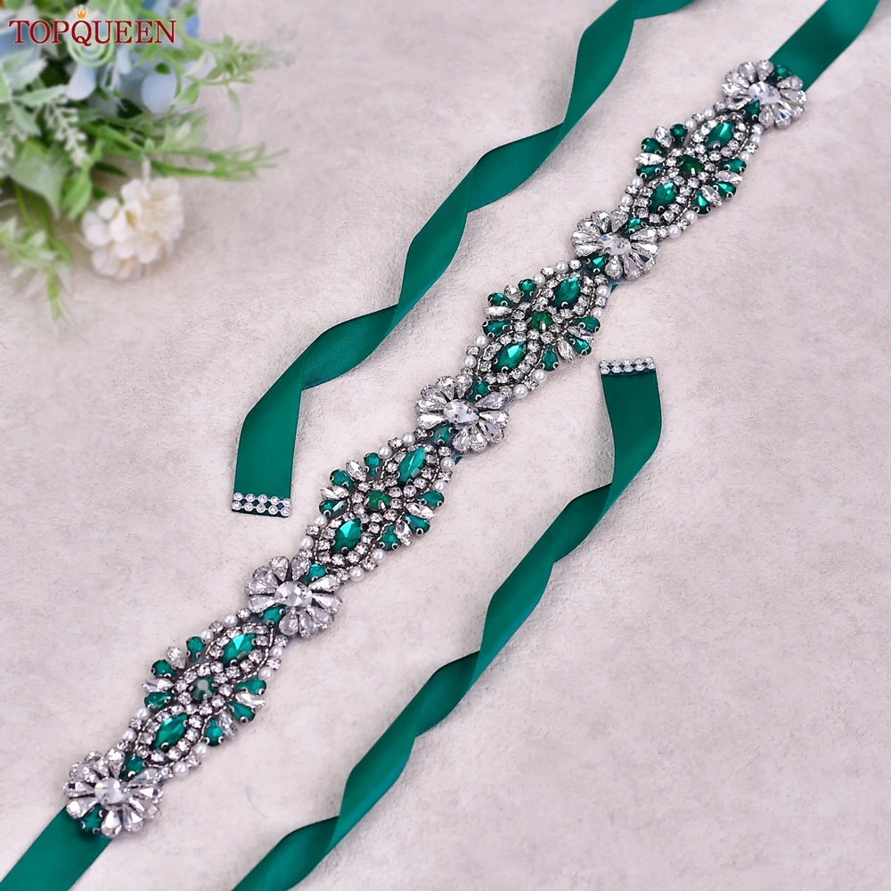 

TOPQUEEN Green Bridal Rhinestone Belt Women's Important Holiday Dresses Matching Party Cocktail Accessories Wedding Sash S237
