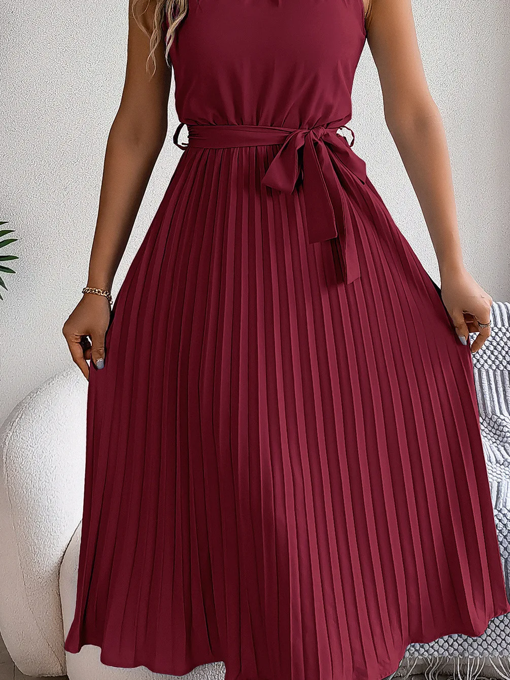 تنورة صيفية طويلة بدون أكمام مع ثنيات وخصر مطاطي، فستان طويل بتصميم A-line، أسلوب الشارع، قماش بوليستر ناعم، تنورة ميدي بخصر ...