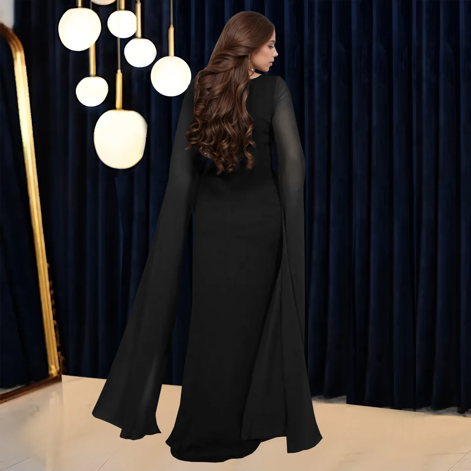 ชุดราตรีคอวีประดับคริสตัล แขนยาว สไตล์ยุโรปและอเมริกา สำหรับผู้หญิง ให้ลุคสง่างาม