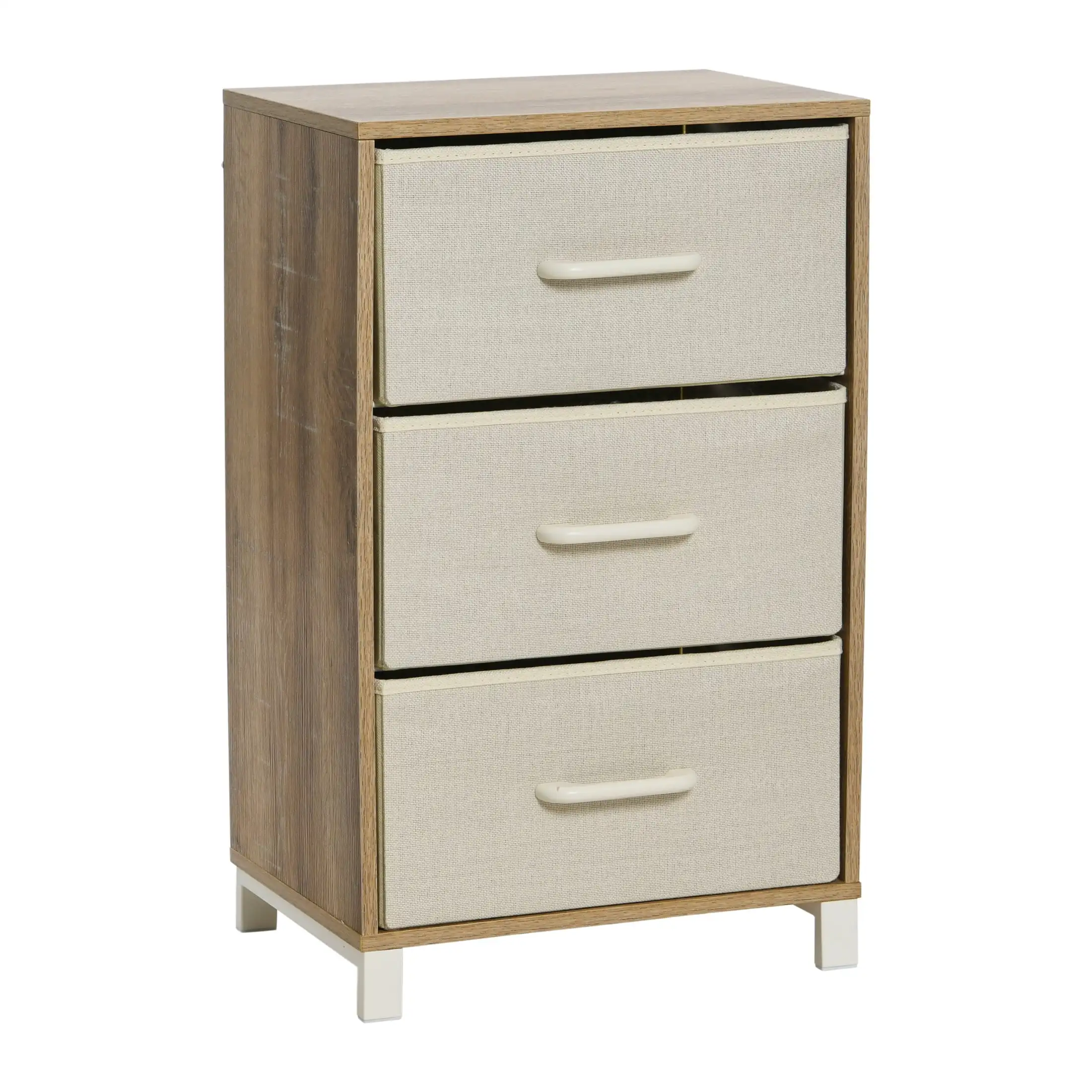 

3 Drawer Dresser, Narrow Storage Chest, Multi-Color Drawers, Wire Backing and Metal Feet, Wood Handles, Coastal Oak Laminate