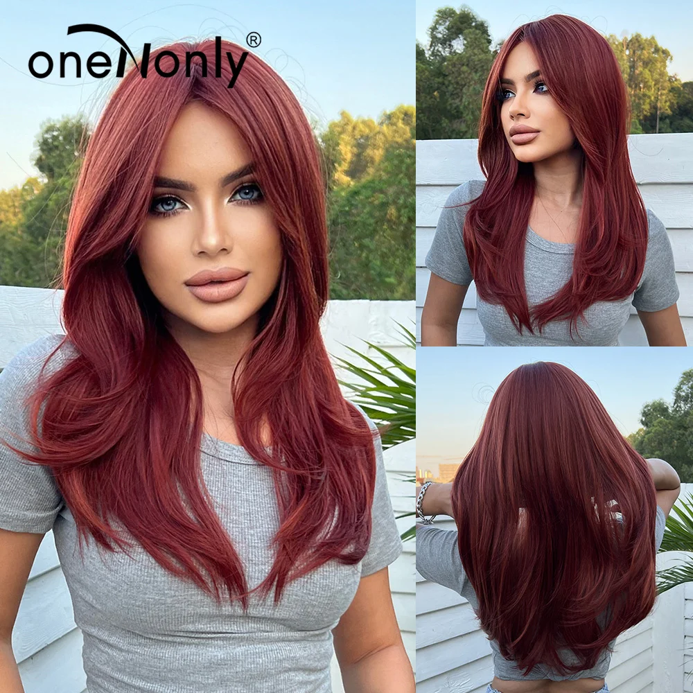 oneNonly Red Wig with Bangs Long Straight Synthetic Wigs for Women Lolita Party Natural Hair Wigs High Temperature