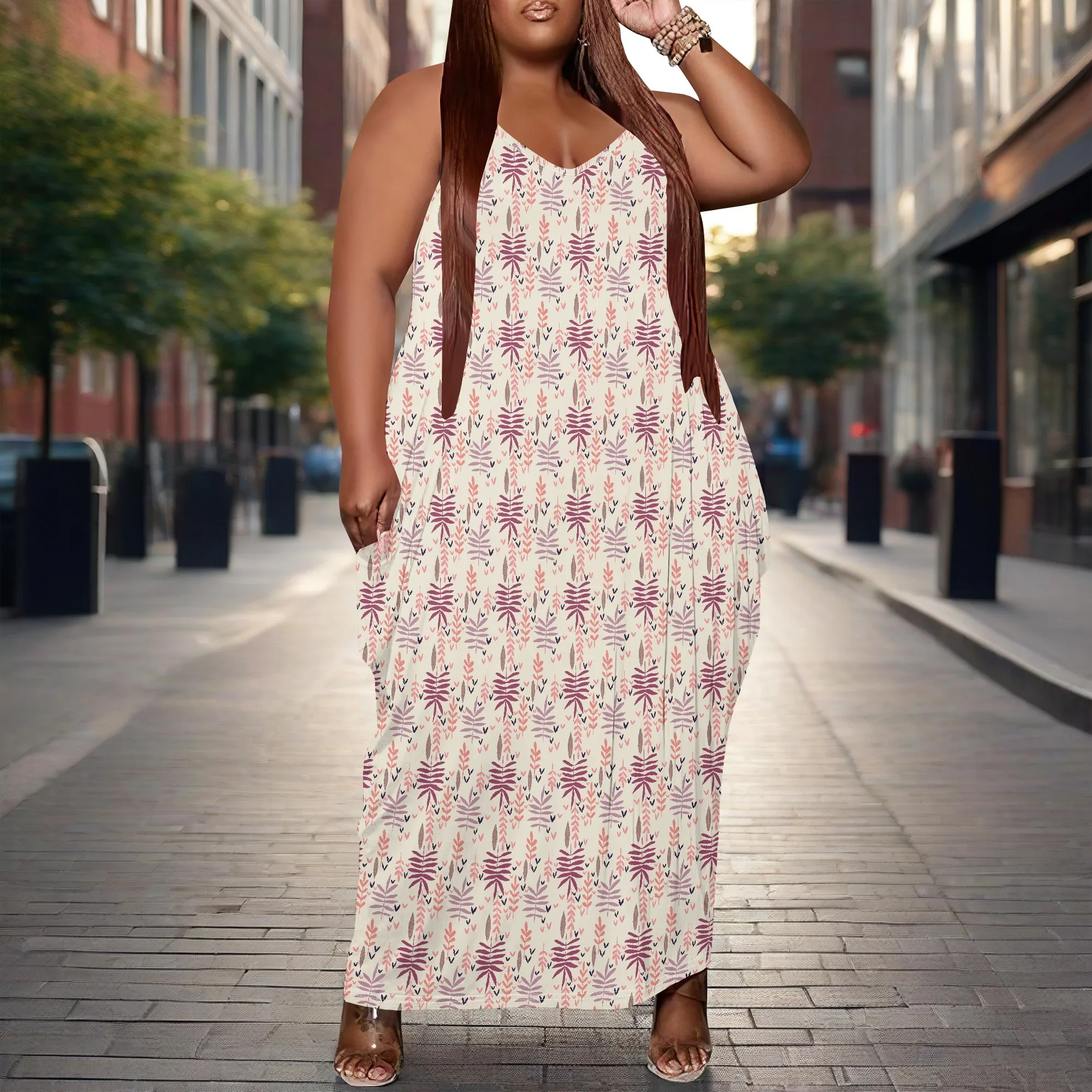 Women Plus Size Dress Floral Print Loose Halter Long Dress with Pocket Breathable Country XL-6XL