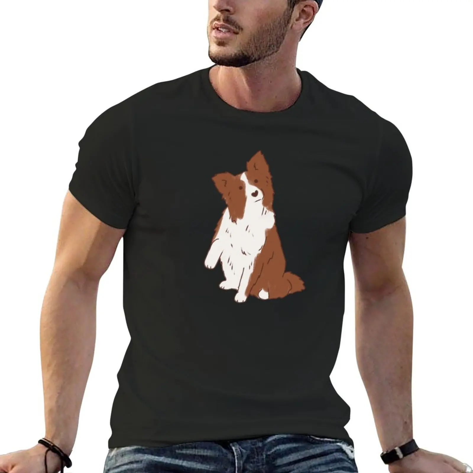 

Cute Brown border collie illustration T-Shirt korean fashion summer tops mens graphic t-shirts anime