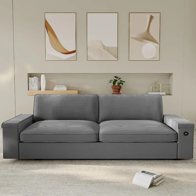 Modern Couch,Deep Seat Sofa with Storage and 2 USB Charging Ports, Removable Sofa Cover(Grey Corduroy)