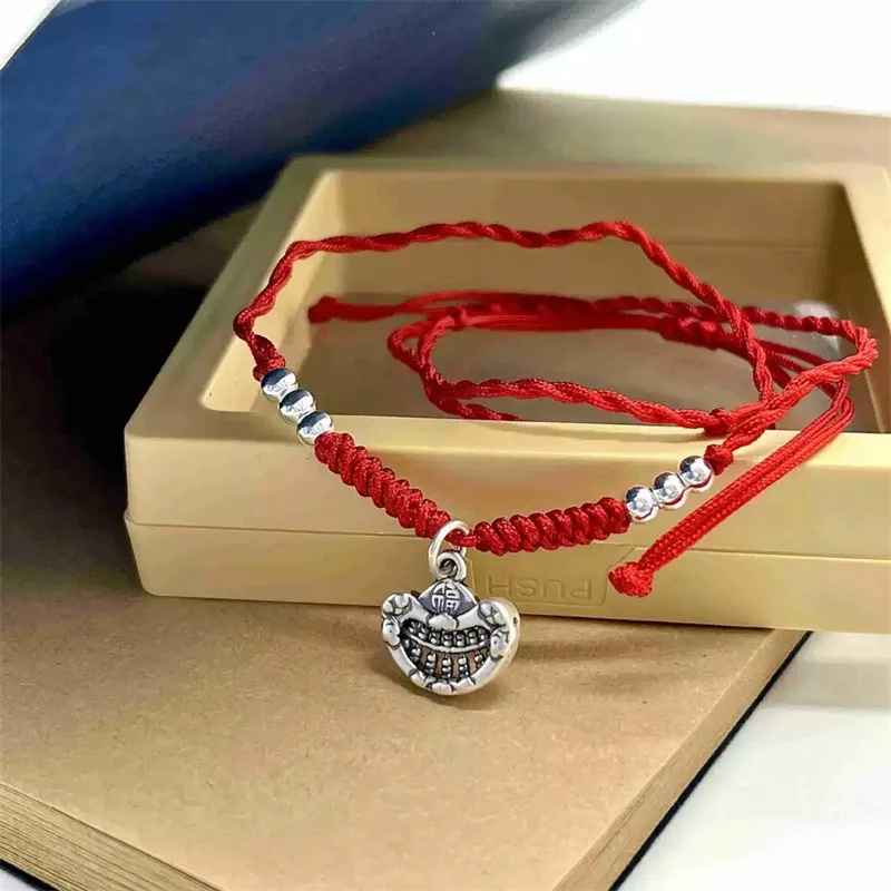 

S999 Silver Ingot Pendant Necklace - Handmade Red Rope, New Chinese Couple Guofeng Jewelry Wholesale