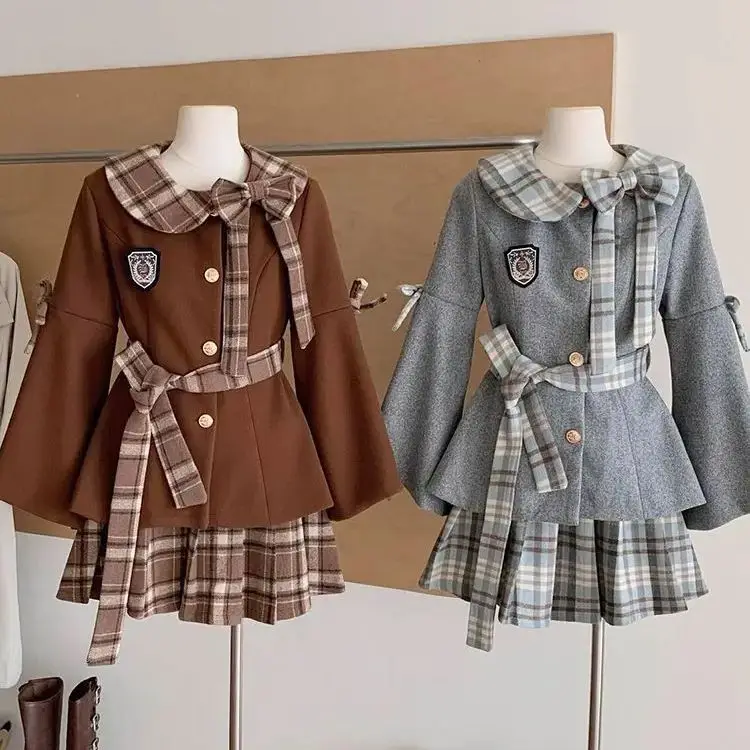 

Japan Autumn And Winter Doll Collar Woolen Waisted Jacket And Skirt Two-Piece Age-Reducing Versatile Suit