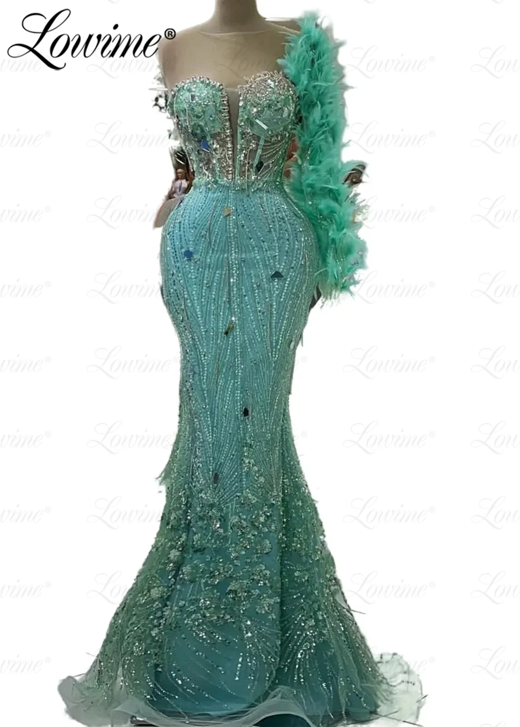 Aso Ebi-vestido de graduación de sirena de lujo, traje Formal de noche con plumas y cristales, para segunda recepción, cumpleaños y compromiso, 2023