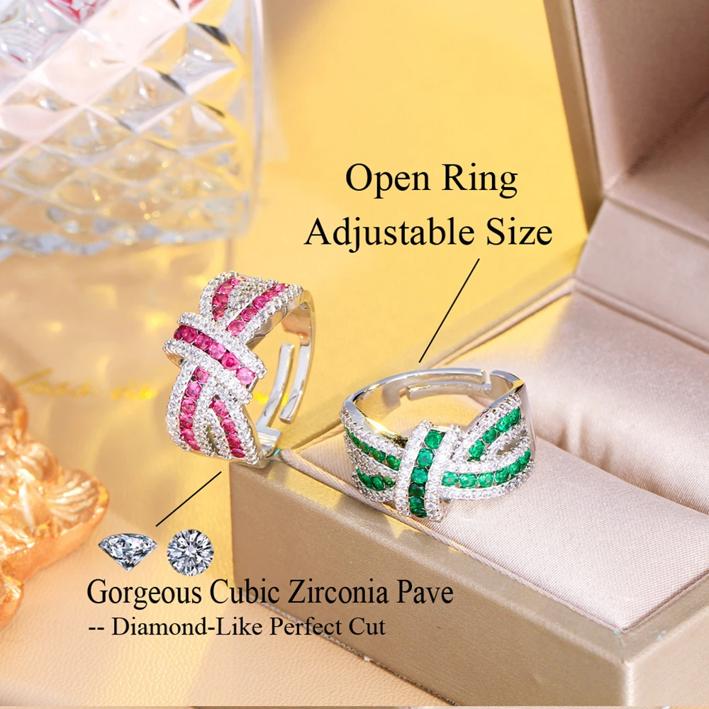 BeaQueen Resizable Green Round Micro Cubic Zirconia Twisted Rings for Women Bling Christmas Party Ladies Dress Jewelry Gift R156