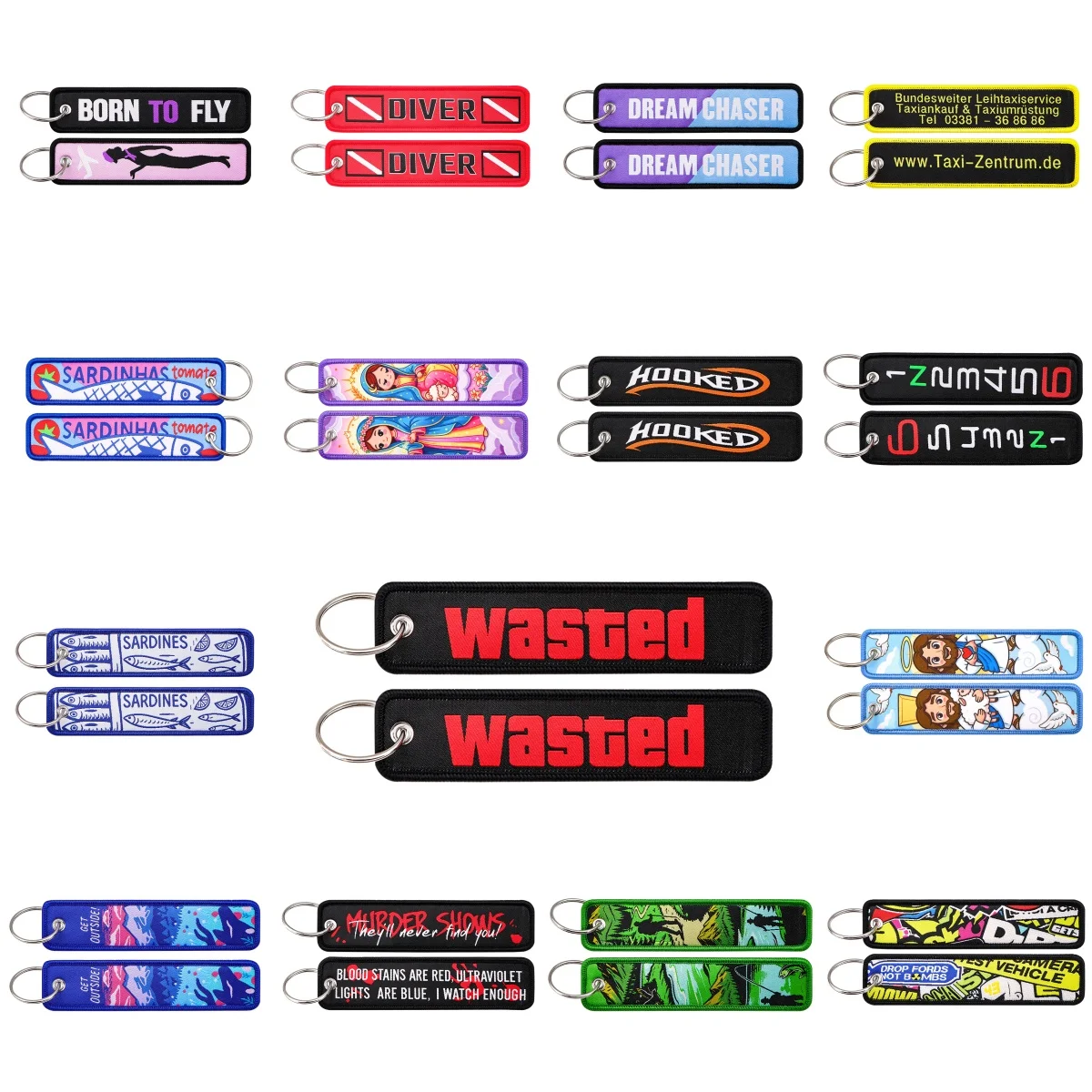 Virgin Mary Embroidery Key Fobs Funny Taxi Quotes Key Tags Cartoon Fish Keychain for Motorcycle Cars Chaveiro Friends Gift
