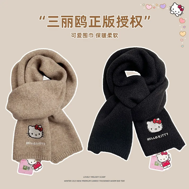 Sanrio Hello kitty Cartoon Knitted Scarf Winter Cute Going Out Thickening Warmth Student Work Kawaii Couple Birthday Gift