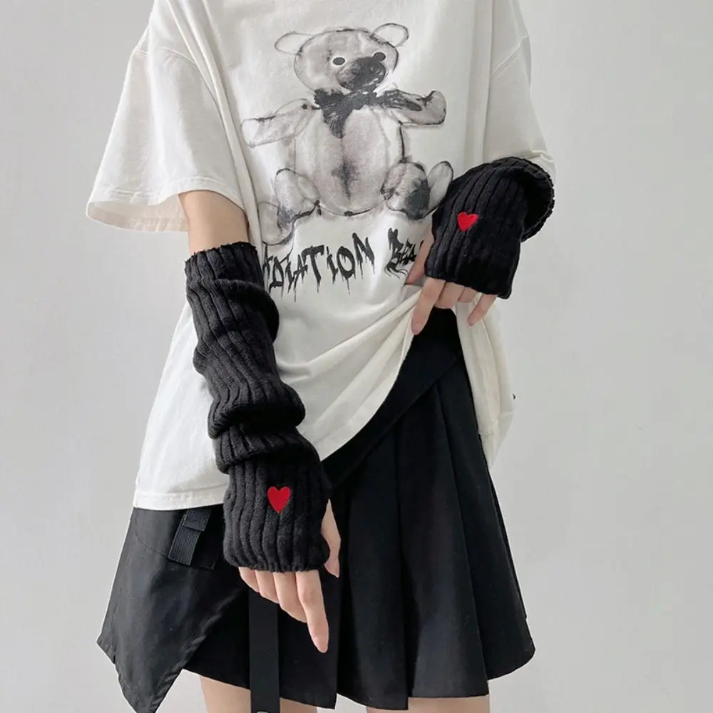 Elastic Y2K Warm Sleeves Love Korean Style Embroidery Heart Knitted Arm Warmers Long Mittens Sweet Fingerless Gloves