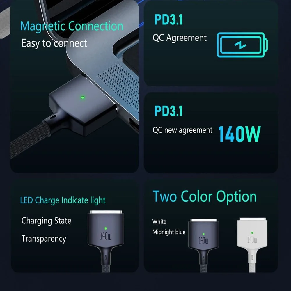 2M USB Type C to Magsafe 3 Magnetic Charger Cord Laptop Charging Cable Converter PD 140W for MacBook Air/Pro A2442 A2485 A2681
