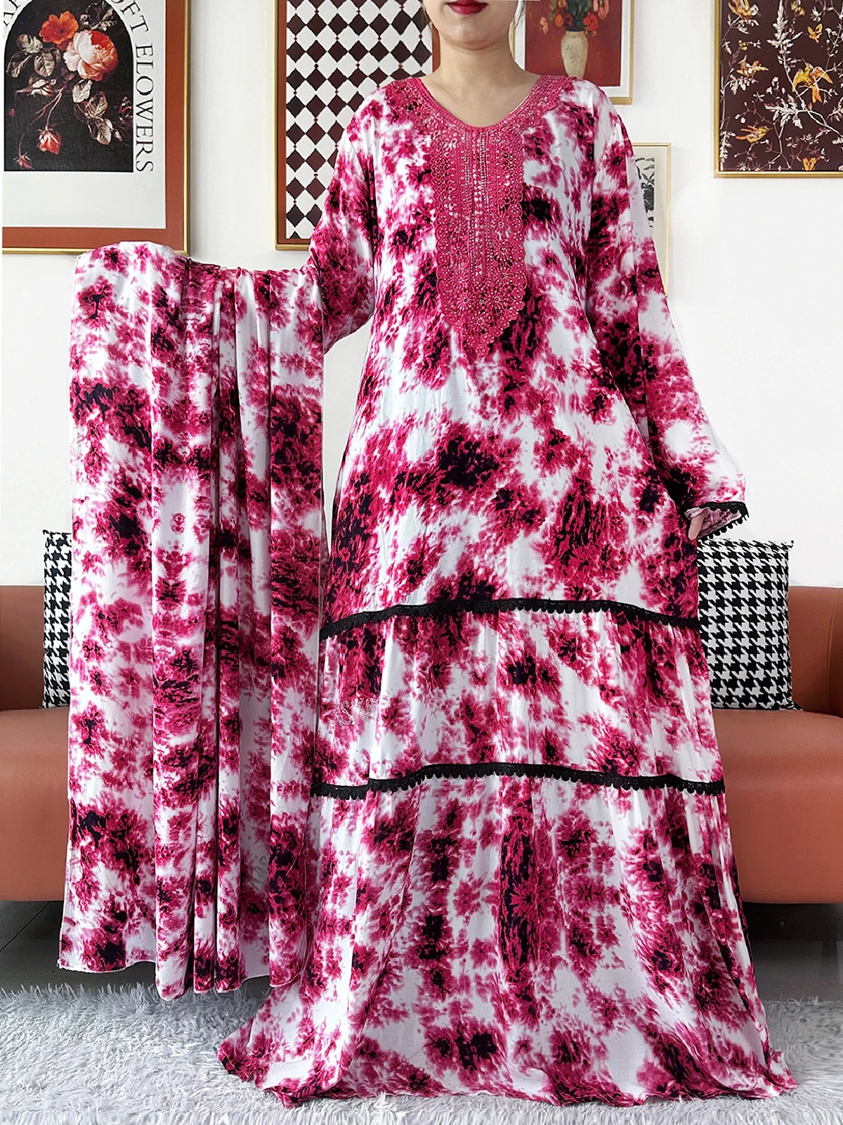 Nuevo Vestido Abaya de Algodón Teñido Anudado Elegante para Mujer Kashkha de Alta Calidad, Vestido Largo Holgado Boho Casual de Moda Africana con Mangas Largas