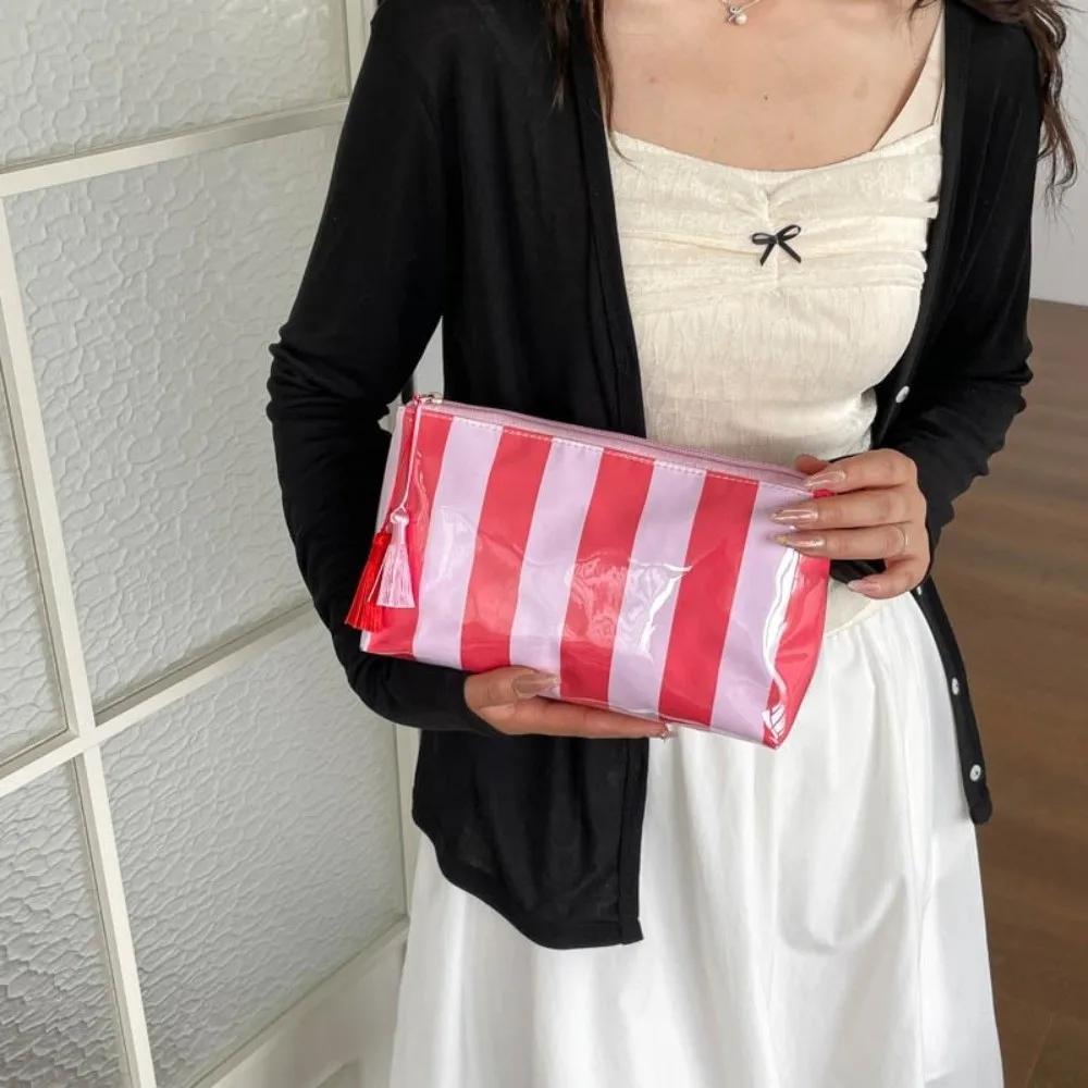 Waterproof Striped Cosmetic Bag Polyester Lining Large Capacity PVC Toiletry Bag Smooth Zipper Tassel Pendant Beach Storage Bag