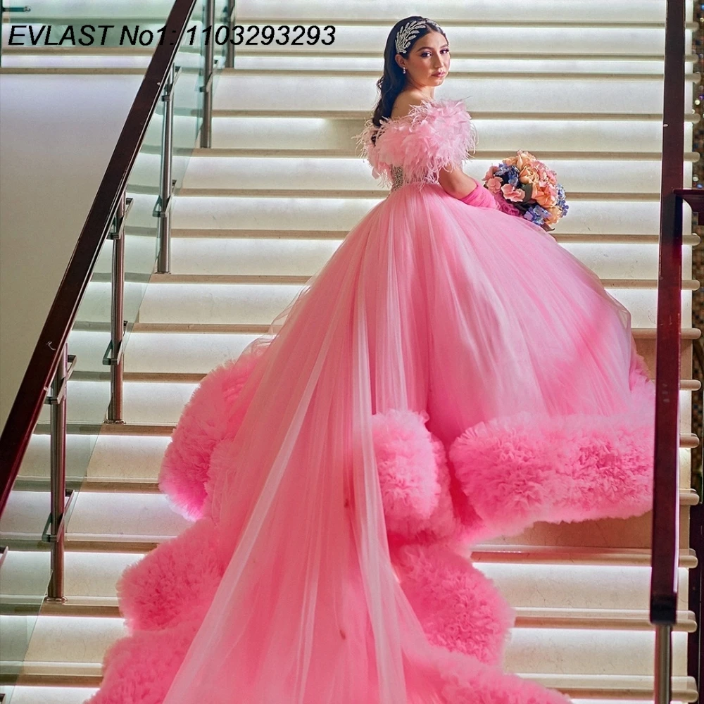 EVLAST personalizado 2025 Vestido De quinceañera rosa Vestido De baile apliques con cuentas De cristal volantes tren dulce 16 Vestido De 15 Anos E1Q66