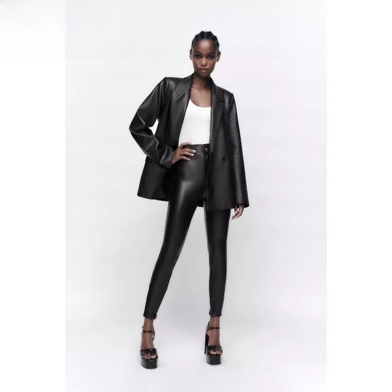 Abito da donna casual in ecopelle neutra Sle Jaet vestibilità ampia lungo cappotto in pelle PU con chiusura a bottone singolo