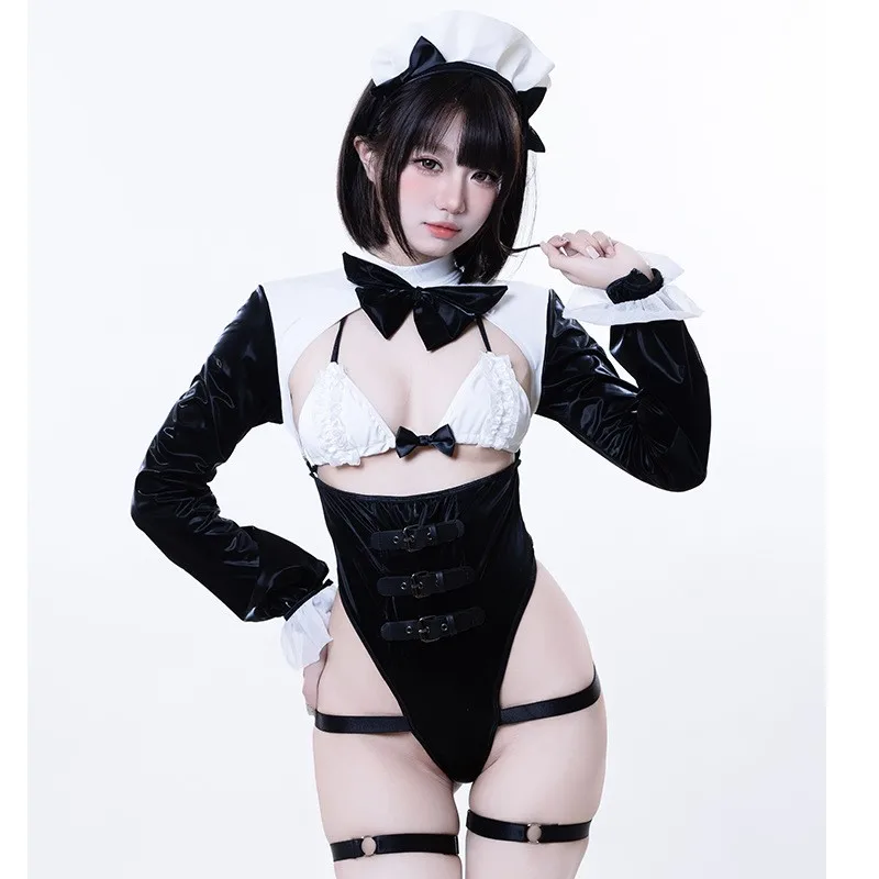 

Pure Desire Hollow out Leather Tee-Point Maid orm Seductive Private Role-plang Set Club Broaasters Polyester