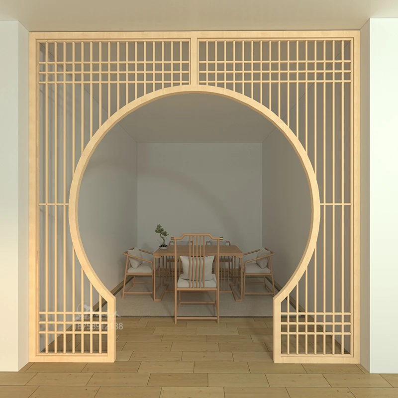 Wood carving antique moon door Chinese solid wood lattice living room partition Bogu frame entrance moon door arch