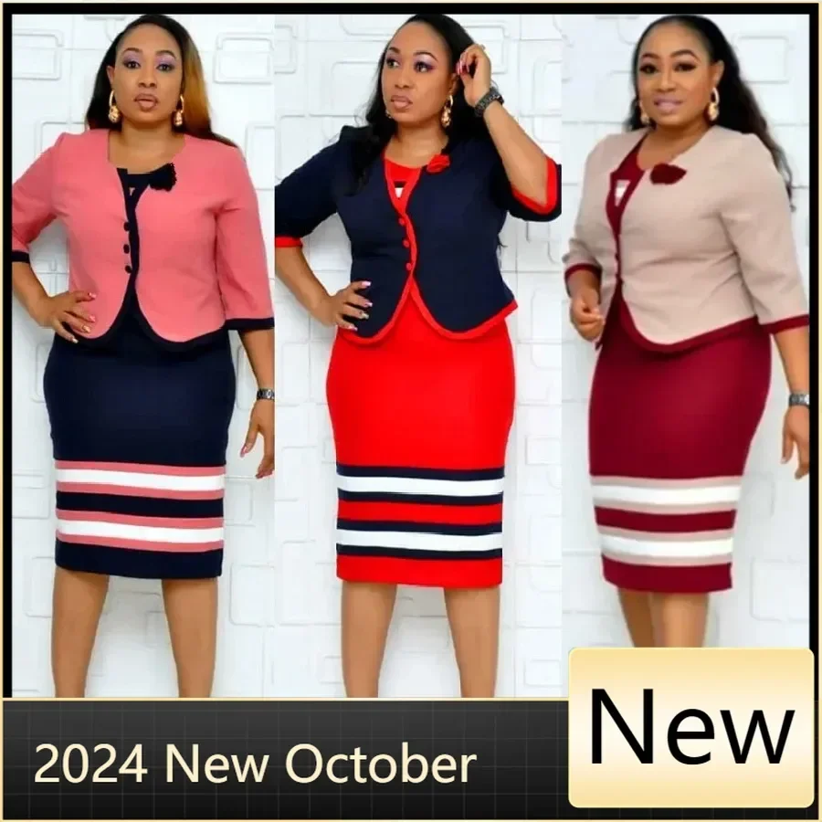 

Plus Size Hot Sale New Fashional Three Quarter Sleeve O Neck Top And Dresses Suits For African Office Ladies