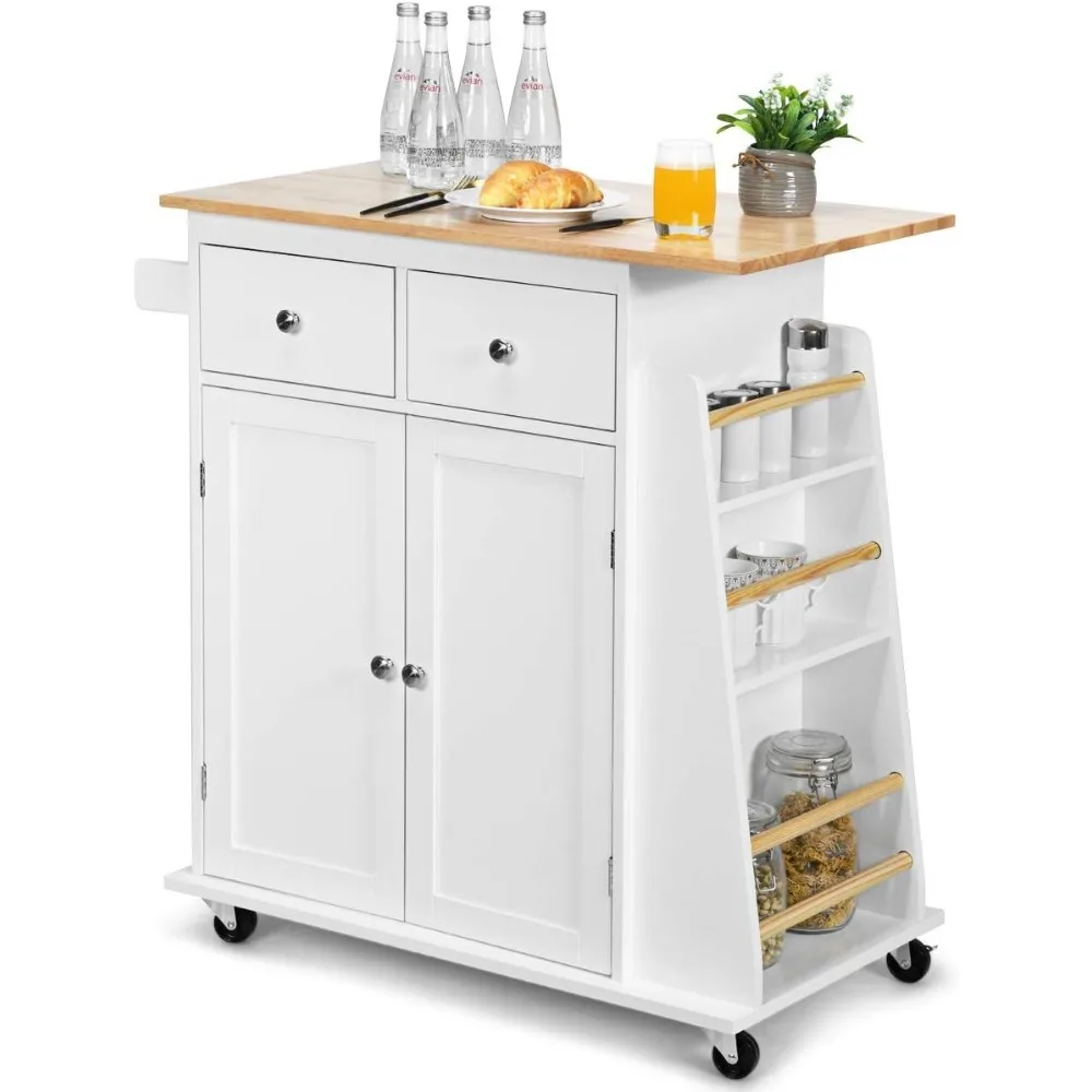 

Kitchen Island Cart, Rolling Wood Trolley with Storage Cabinets, Side Spice Rack and Wine Bottle Rack, Kitchen Island Cart