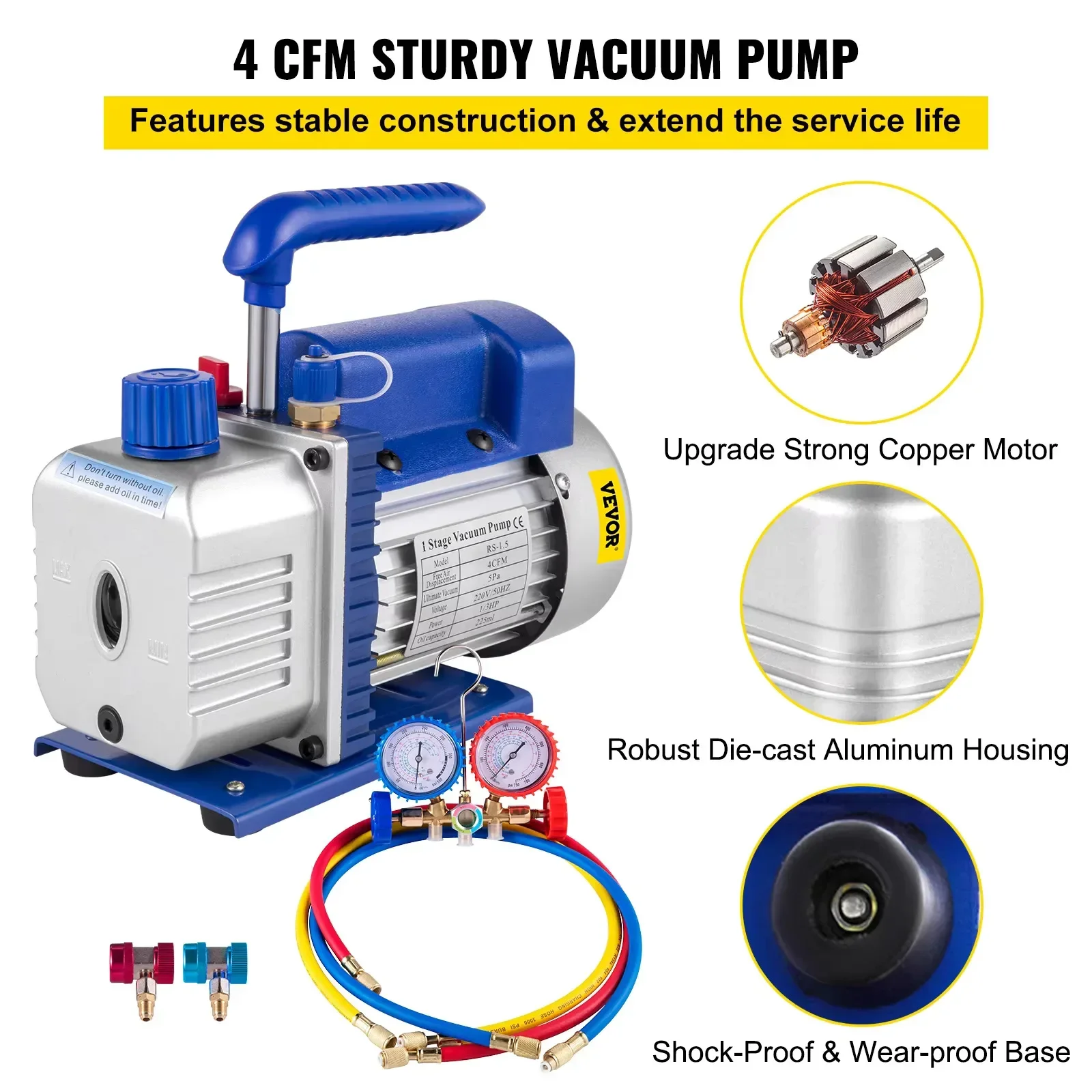 4CFM 1/3HP Rotary Vane Vacuum Pump | Oil-Free HVAC Refrigeration Tool for R134A/R22/R12/R502 Aircon & Vacuum Drying