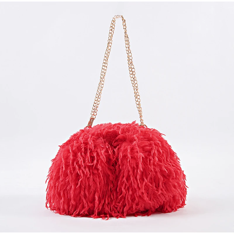 Lockige, flauschige Kunstfeder-Plüsch-Umhängetasche mit Kette, Damen-Clutch mit Falten-Design für Partys und Abendveranstaltungen, Herbst/Winter – Detail 7