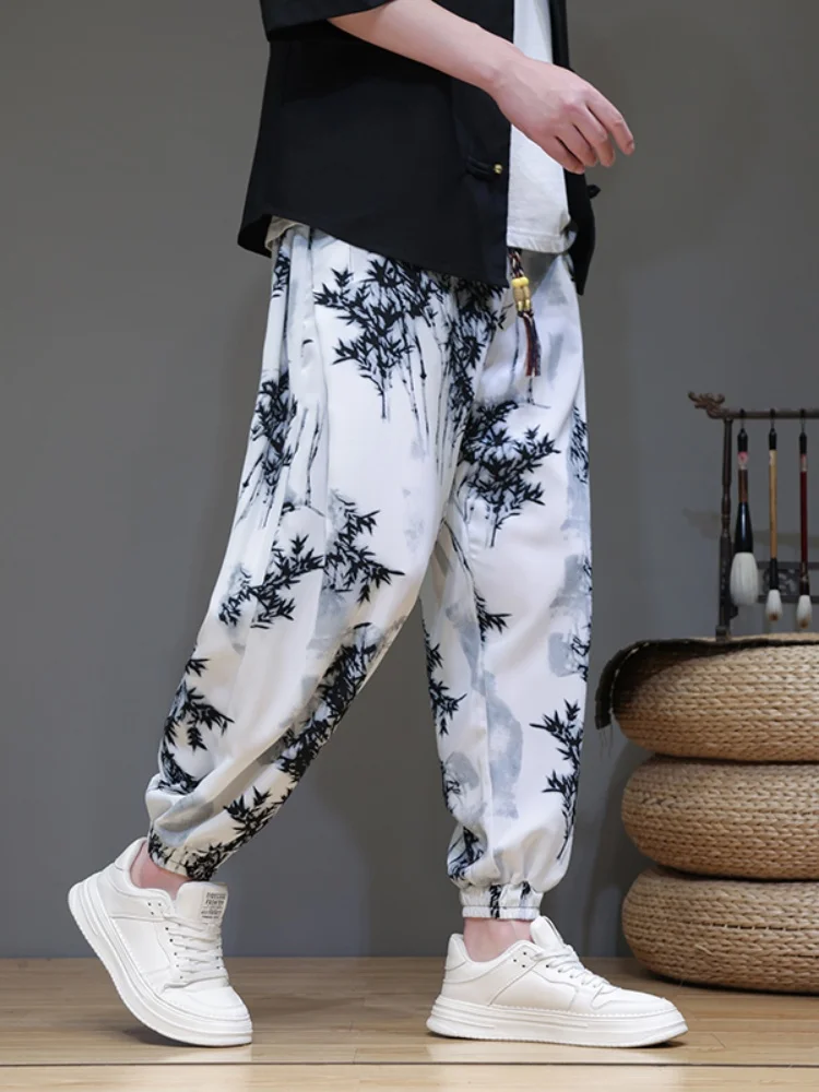 New Chinese Style Loose Fit Ice Silk Pants Men's Summer Thin Breathable Quick Dry Nine Point Pants Large Size Cuffed Pants