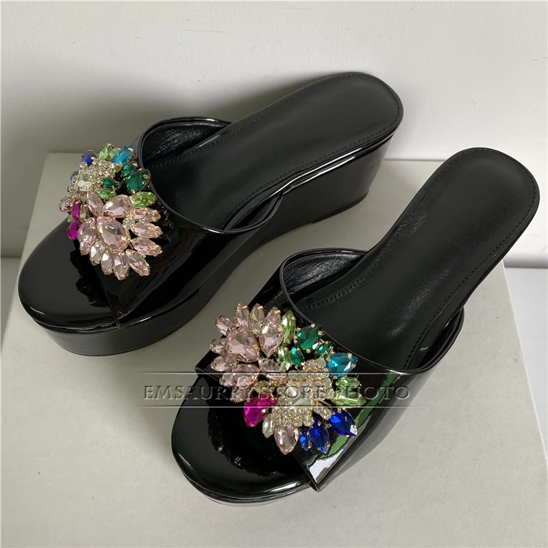 Colorful Rhinestone Flower Buckle Decor Sandals Women High Platform Wedges Luxury Patent Leather Slingbacks Mules Summer