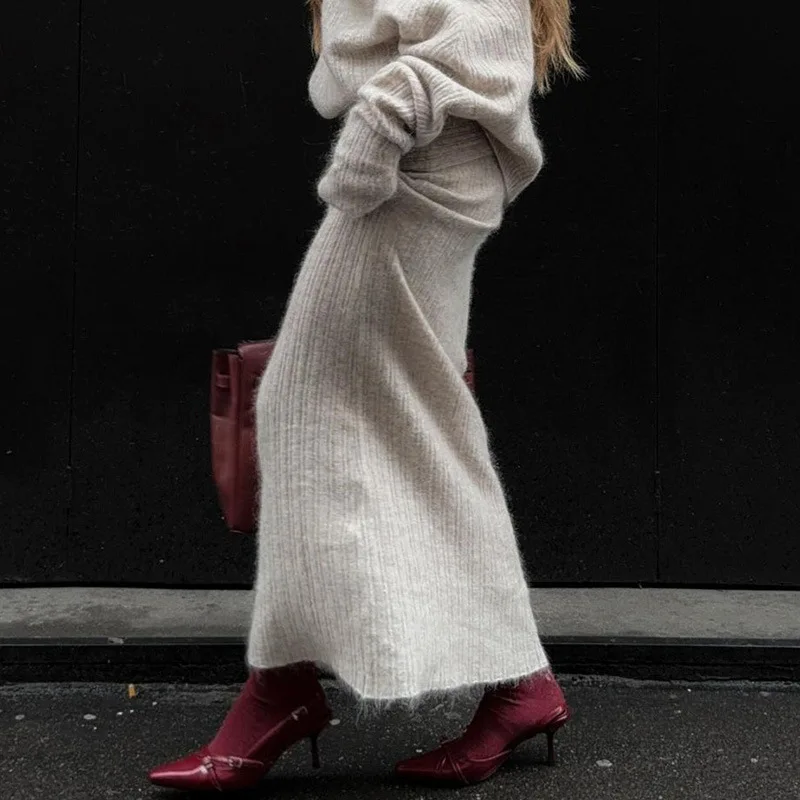 DSMTRC Female 2024 Retro Casual Loose Maxi Skirt Women\'s Autumn Winter Elegant Skirt Knitted High Waist Long Skirts For Women