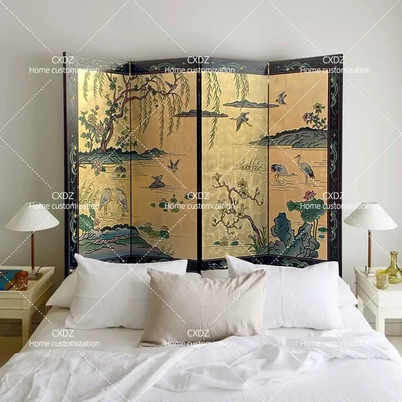 Modern Medieval Style Gold Foil Retro Folding Screen Room Divider for Living Room Bedroom Dining Room Entrance Portable