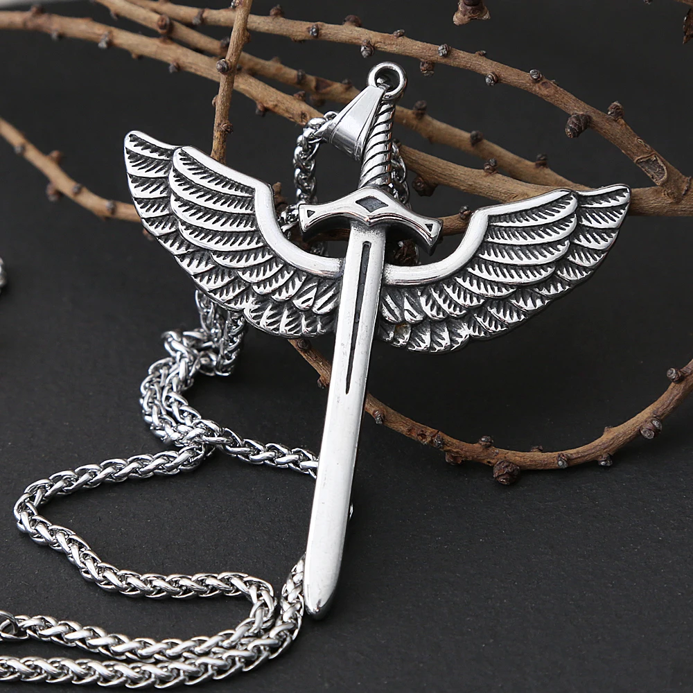 Vintage Angel Holy Sword Stainless Steel Cross Necklace For Men Fashion Jewelry Angel Wing Necklace Pendant Punk Men Chain