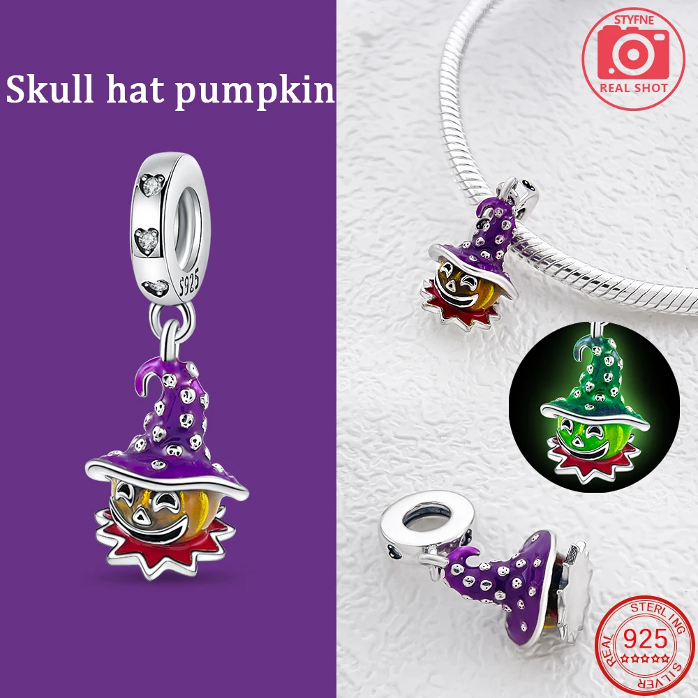 Halloween Series 925 Sterling Silver Troublemaker Purple Witch Night Light Pumpkin Decoration Pendant Fit DIY Bracelet Jewelry