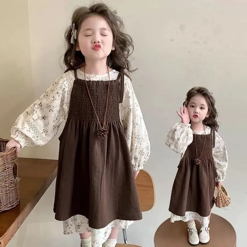 فساتين كاجوال للفتيات أوائل الخريف طقم فستان زهري للفتيات على الطراز الكوري + فستان صيفي عصري للأطفال الصغار بأكمام مكشكشة