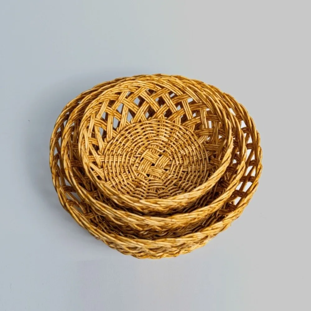 Natural Style Rattan-like Fruit Basket Round Shape Hand-woven Food Storage Basket Hollow-out Storage Basket Dining Table
