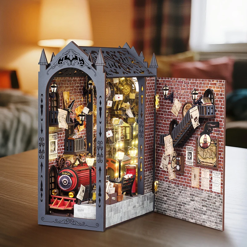DIY Houten Poppenhuizen Boekenhoekje Plank Insert Kit Miniatuur Model Kits 3D Puzzel Boekenplank Met LED Verlichting Voor Kerstcadeaus
