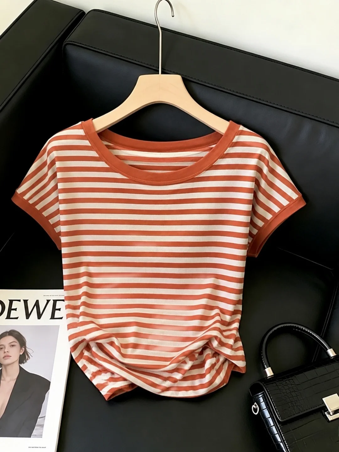 

Fashionable Stripe Color Block Short Sleeve T-Shirt round Neck Korean Design Sensation Women's Top Commute Straight Cut Style