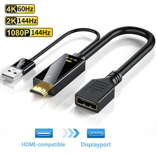 Adaptador macho a DisplayPort hembra compatible con HDMI 4K @ 60Hz con alimentación USB, convertidor unidireccional para Monitor de juegos PC PS5