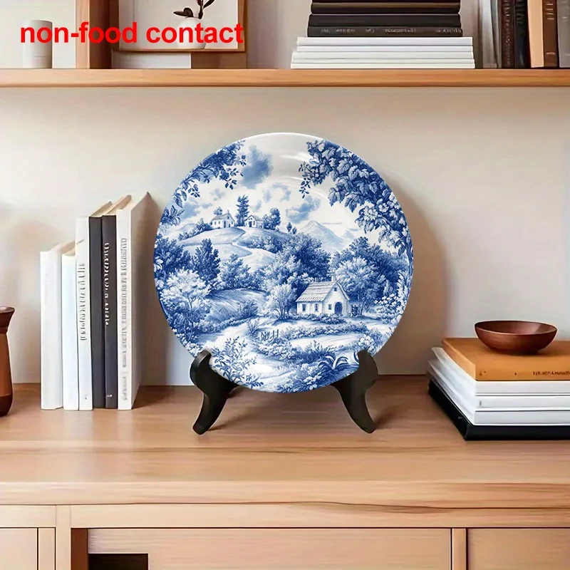 An Exquisite Monochrome Blue and White Porcelain-style 2D Flat Metal Iron Art Sign Featuring a Landscape Design, Hand-painted in