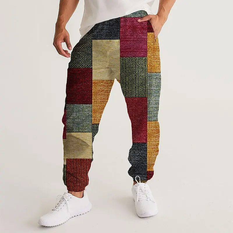 Geometric Color Blocks Printed Pants Men's Side Pockets Elastic Drawstring Sweatpants Joggers Pants Casual Trousers Fall Winter