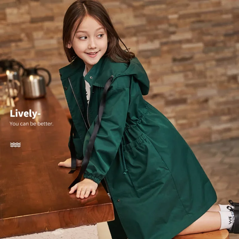 

Kids Girls Trench Fashion Drawstring Hooded Jacket Tops Spring Autumn Children Clothes Teenager Girl Solid Color Coat