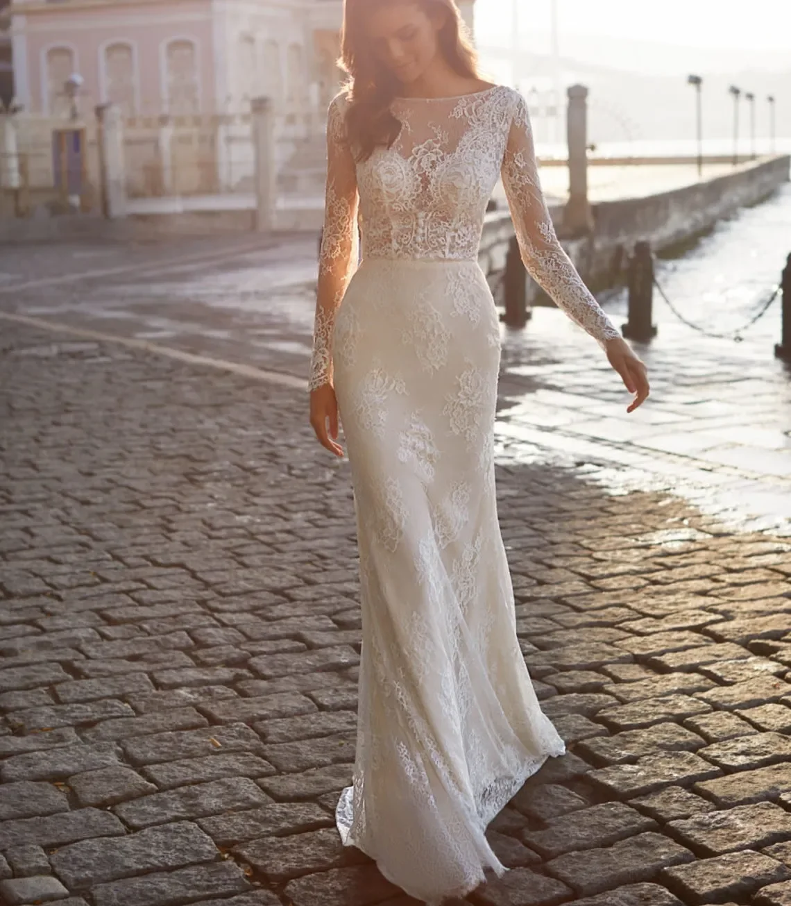 Vestido de novia de sirena bohemio único, Sexy, con tren desmontable, transparente, cuello redondo, manga larga, espalda abierta, vestidos de novia hechos a medida