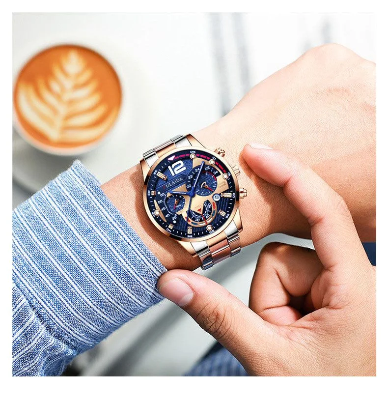 Quality large dial men's fashion stainless steel strap business wristwatch with luminous hands and calendar quartz watch